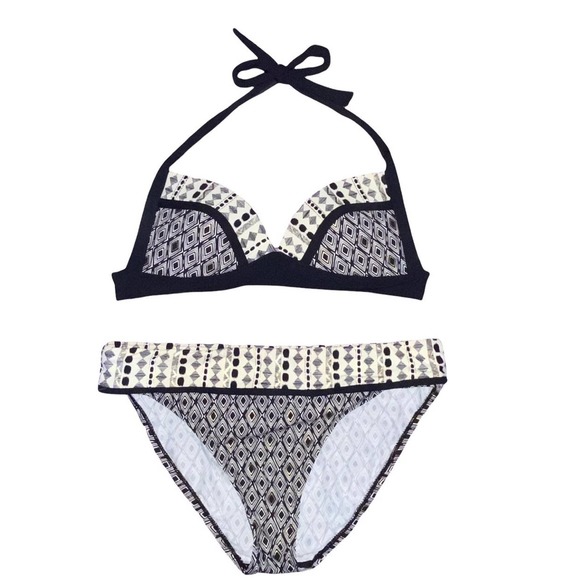 Bleu Rod Beattie Swim M Bleu Rod Beattie Black Cream Gold All In The Mix Halter Bikini Top